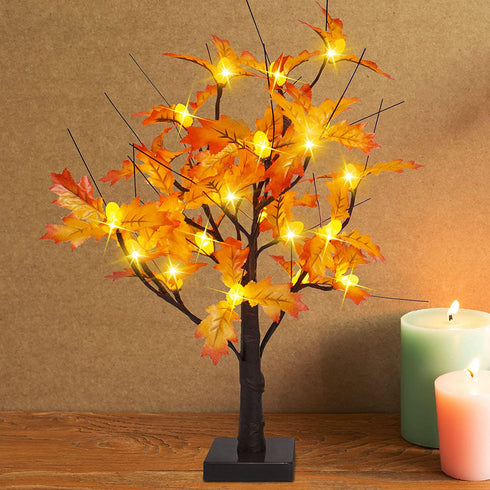 20-inch Fall Lighted Maple Tree, 24 Acorns LED Lights, Battery Operated Thanksgiving Table Decoration Tree, DIY Artificial Tree for Home Desktop Fireplace Autumn Harvest Tabletop Indoor Decor