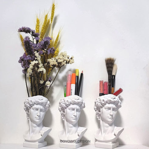 BOYOWO David Statue Greek Bust Face Vase Head Planter Roman Cute Room Decor Aesthetic Dark Academia Room Decor Bookshelf Sculpture Coquette Room Decor 6'' White Resin no Flower
