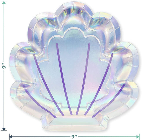 Mermaid Party Shell Shaped Iridescent Paper Plates and Metallic Beverage Napkins (Serves 16)