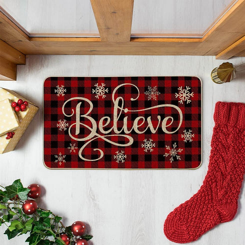 Artoid Mode Buffalo Plaid Snowflake Believe Decorative Doormat, Seasonal Winter Christmas Holiday Low-Profile Floor Mat Switch Mat for Indoor Outdoor 17 x 29 Inch