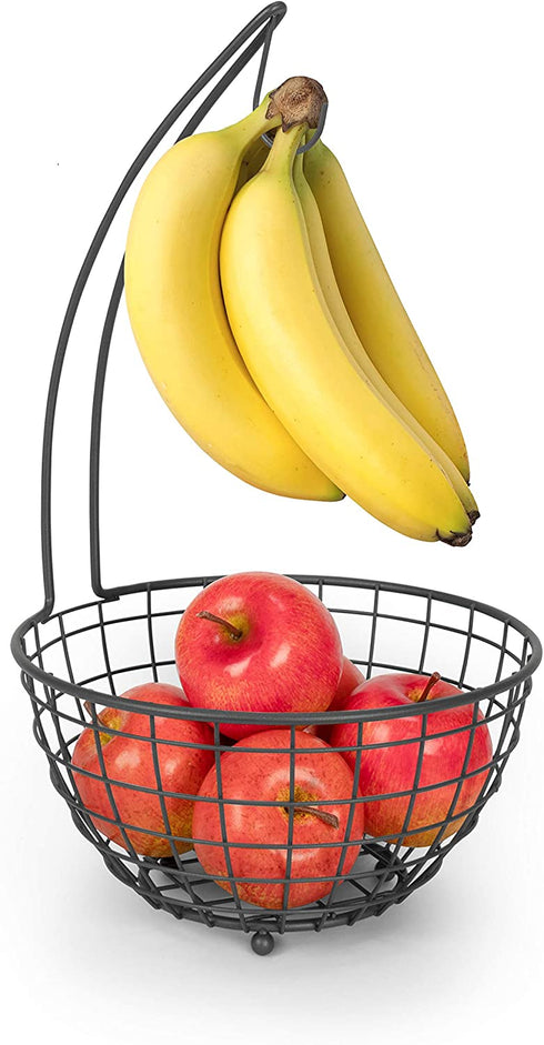 Spectrum Diversified Grid Small Tree & Basket Hanger & Fruit Basket, Produce Saver Banana Holder & Open Wire Fruit Bowl for Kitchen Counter & Dining Table, Industrial Gray