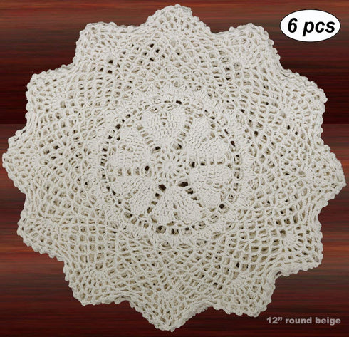 Creative Linens 6PCS 12 Inch Round Handmade Cotton Crochet Lace Doilies with Hearts Beige, Set of 6 Pieces For Valentine's Day, Mother's Day, Wedding Decoration