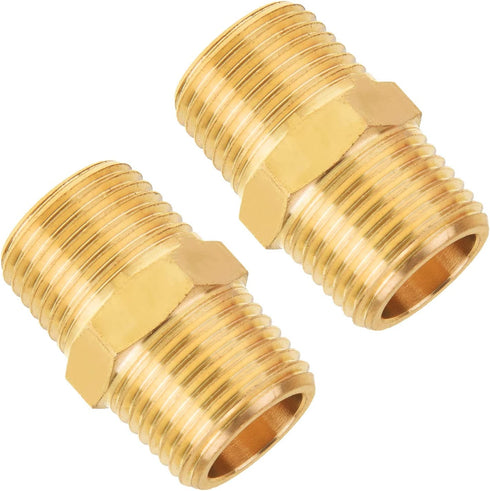 SUNGATOR Brass Pipe Fitting, 3/8" NPT x 3/8" NPT Male Pipe Thread Connector Adapter, Hex Nipple, For Use with Oil and Air Lines Made from Copper, Brass or Iron Pipe (2-Pack)