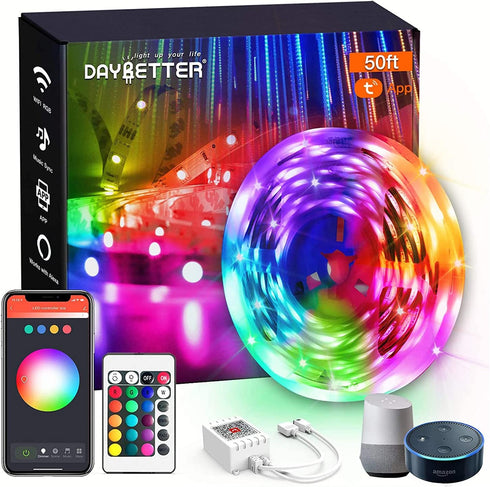 DAYBETTER Smart WiFi Led Lights 50ft, Tuya App Controlled Led Strip Lights, Work with Alexa and Google Assistant, Timer Schedule Led Lights Strip, Color Changing Led Lights for Bedroom Party Kitchen