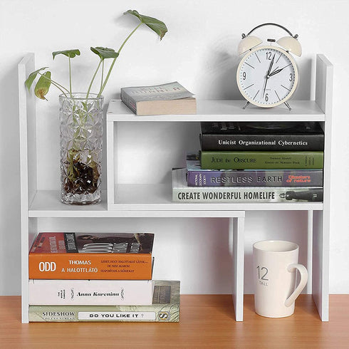 LC love_call Desk Bookshelves Multi-function Office Desktop Storage Rack, Telescopic Design Black and White used for Home Desktop Storage Wood Adjustable(white), (30-58)cm*35cm*17cm.