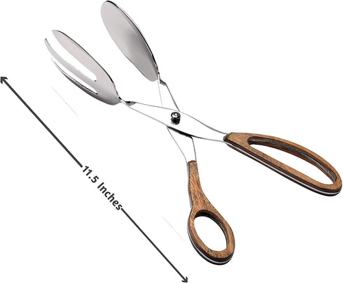 Folkulture Salad Tongs or Tongs for Cooking, Heavy Duty Stainless Steel Kitchen Tongs for Cooking, Grill or Serving Food Bread Dessert, Heat Resistant, 11.5 Inches Metal Tongs, Wooden