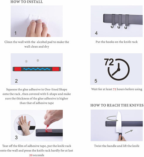 Stainless Steel Magnetic Knife Strip Holder for Wall with 3 Hooks 16 Inch, 25% Stronger Magnet, Adhesive Magnetic Knife bar Rack No Drilling - by KITCHENDAO