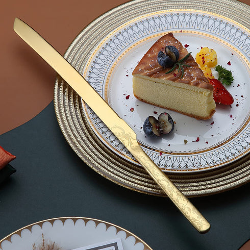 Berglander Gold Wedding Cake Knife and Server Set, Titanium Gold Plating With Unique Pattern Design Cake Cutter Serving Set Perfect For Wedding, Birthday, Parties and Events Dishwasher Safe
