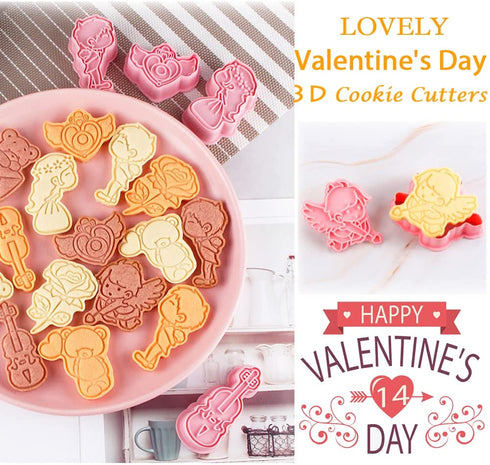 Lovely 3d Valentine's Day Cookie Cutters Set, Angel Heart, Red Rose, Romantic Violin, Couple in Love, Love Letter, Cute Bear, Cupid Arrow for Valentine Party Baking Gift (Pack of 16)