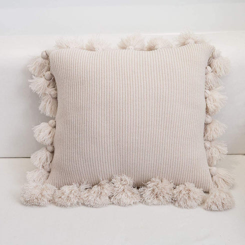 Famibay Knitted Pillow Covers with Pompoms Tassel Boho Striped Cable Knit Throw Pillow Cases Decorative Pillow Cushion Cover Set for Home Sofa Couch Bed 18 x 18 Beige