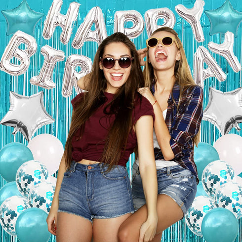 Teal Blue Birthday Decorations for Women Girl - Teal Blue and Silver Birthday Balloons Kit,Turquoise Birthday Party Decoration
