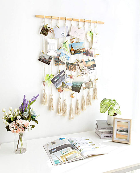 Mkono Hanging Photo Display Macrame Wall Hanging Pictures Cards Holder Boho Home Decor Chic Ornament Gift for Apartment Bedroom Living Room Gallery, with 40 Wood Clips, 37" L x 25.5''W