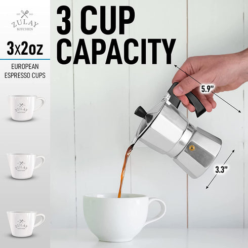 Zulay Classic Stovetop Espresso Maker for Great Flavored Strong Espresso, Classic Italian Style 3 Espresso Cup Moka Pot, Makes Delicious Coffee, Easy to Operate & Quick Cleanup Pot (Silver)