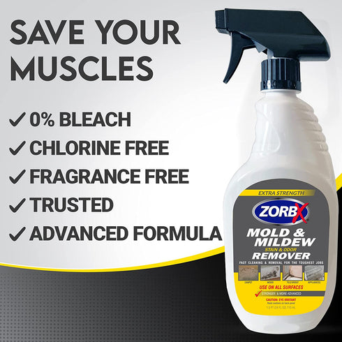 ZORBX Extra Strength M&M Remover and Cleaner - Bleach Free Cleaner Spray | Scrub Free Formula | All-Purpose Odor Remover for Carpet, Bathroom, Walls, Wood, Shower and Car - 24 FL Oz