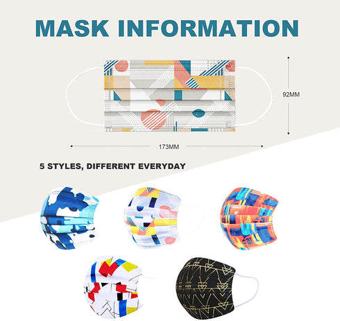 Sheal 100PCS Disposable 3-Layer Face Masks For Adult, Colorful Geometric Pattern Breathable Face Masks, Individually Packaged