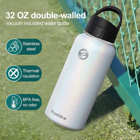 32 OZ Insulated Water Bottle with Straw & 3 Lids, Yoehka Vacuum Stainless Steel Thermos Mug, Double Wall Sweat-proof Sports Water Bottle to Keep Water Hot/Cold, with Cleaning Brush (Rainbow White)