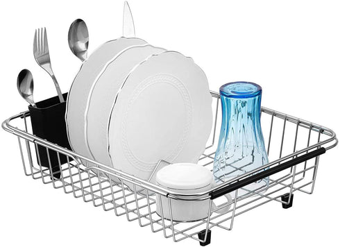 iPEGTOP Expandable Dish Drying Rack, Over The Sink Dish Rack, in Sink Or On Counter Dish Drainer with Black Utensil Holder Cutlery Tray, Rustproof Stainless Steel for Kitchen