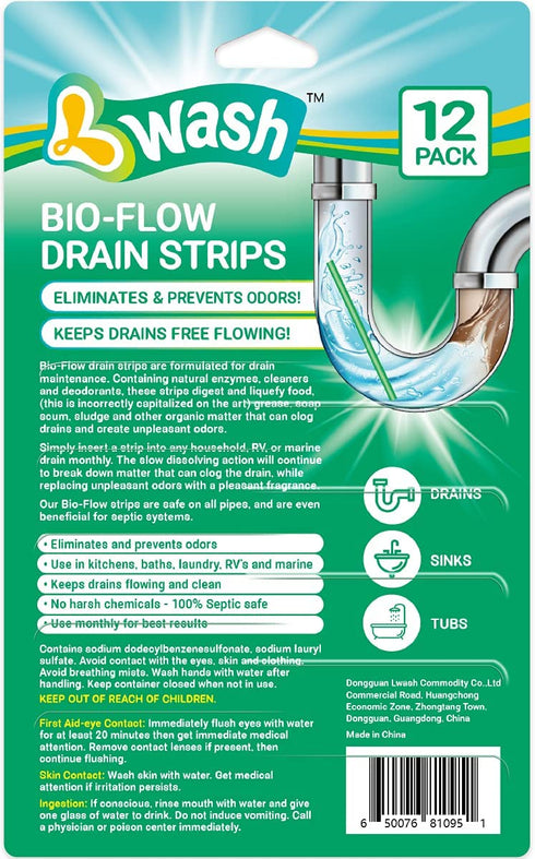 L-Wash Bio-Flow Drain Strips - 48 Strips | Drain Cleaner & Odor Remover Drain Sticks