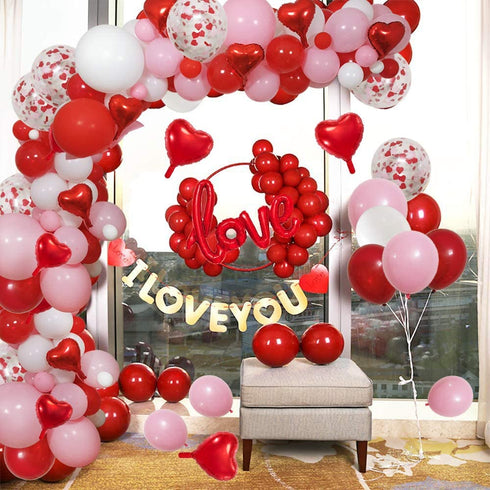 Women's Day Party Balloons Arch and Garland, 110 PCS Valentines Color Red Pink White Balloons 18" 12" 5" Red Heart Mylar Balloons for Valentines Wedding Engagement Party Supplies
