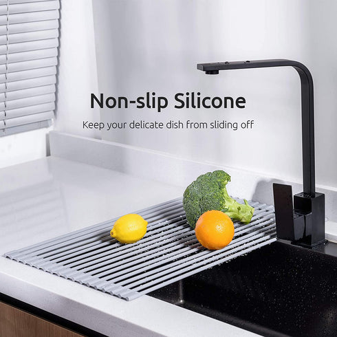 U-Taste Roll Up Dish Drying Rack 16.5 by 13.7 Inches, Over The Sink Foldable Multipurpose Silicone Dish Drainer Warm Gray, Small