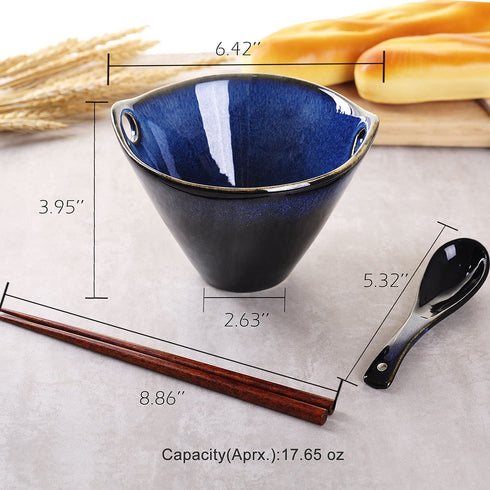 WHJY 20oz Ceramic Japanese Ramen Bowl set,with Chopsticks & Spoon, Porcelain Bowl for Soup, Noodle, Udon and Soba, Noodle Bowl