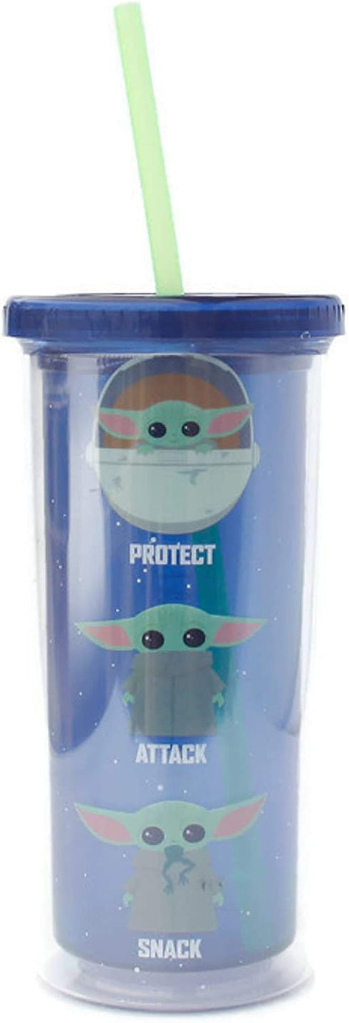 Silver Buffalo Star Wars The Mandalorian Protect Attack Snack Plastic Tall Cold Cup with Lid and Straw, 20-Ounces