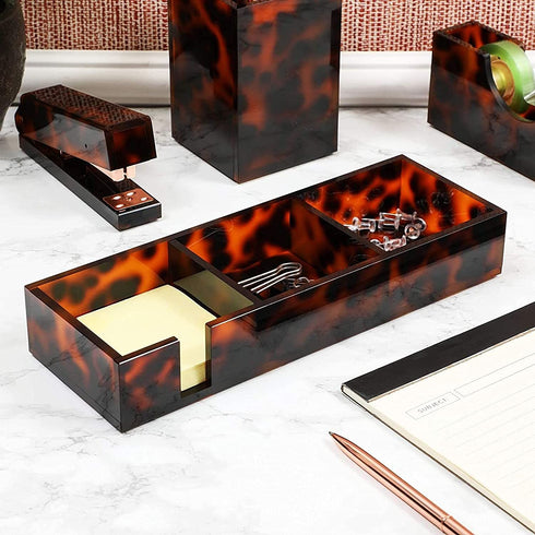 Tortoise Shell Sticky Note Holder for Desk with 3 Compartments (10.1 x 3.5 x 1.7 in)