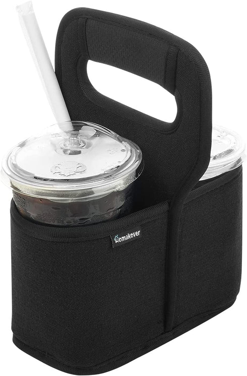 Homakover Cup Drink Carrier with Handle, Reusable Coffee Cup Holder for Hot or Cold Drinks, On-The-go Water Bottle Cup Caddy with Adjustable Dividers for Food Delivery Service, Black