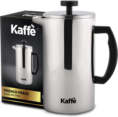 Kaffe French Press Coffee Maker. Food-Grade Double-Wall Stainless Steel (6 Cups 0.8L). Extra Filter Included!
