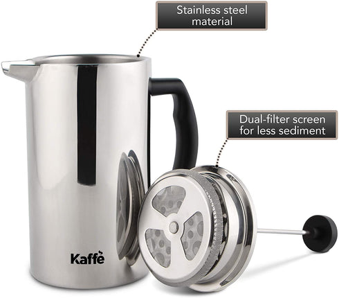 Kaffe French Press Coffee Maker. Food-Grade Double-Wall Stainless Steel (6 Cups 0.8L). Extra Filter Included!