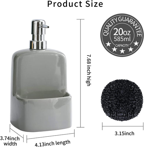 Grey Soap Dispenser for Kitchen Sink - Ceramic Dish Soap Dispenser with Sponge Holder 20 OZ Dish Liquid Dispenser Soap Pump and Sponges Caddy