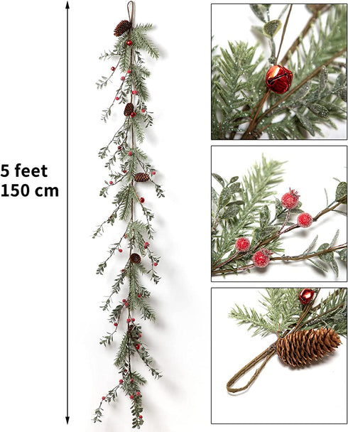 LOHASBEE Artificial Christmas Garland, 5 Feet Pine Cone Boxwood Garland with Red Berries, Bells Glitter for Christmas Indoor Outdoor Garden Gate Front Door Home Wall Window Stair Decor