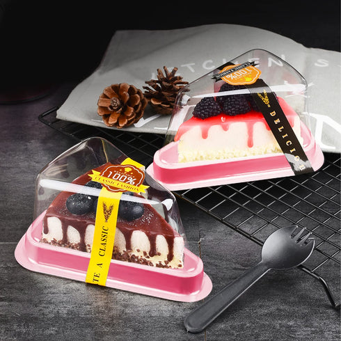 50 Pack Cake Slice Containers, Clear Plastic Cake Containers Disposable Cheesecake Containers Individual Cake Pie Slice Boxes with Lids for Small Pies Snack Dessert - Bonus 50 Pcs Stickers (Pink)