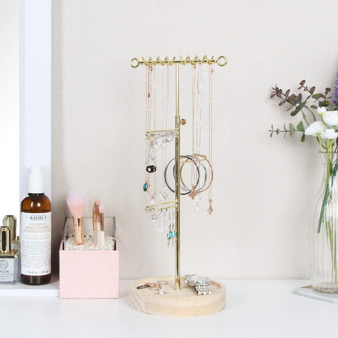 J JACKCUBE DESIGN Jewelry Tree Stand Organizer, with Adjustable Height Gold Metal Bar and Wooden Tray Storage Display Holder for Necklace, Earring, Bracelet and Ring- MK663A (Gold)