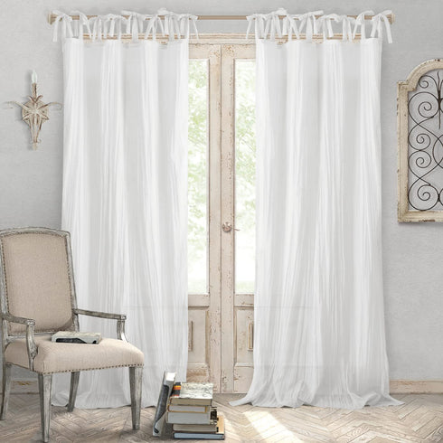 Elrene Home Fashions Jolie Crushed Semi-Sheer Window Curtain, Adjustable Tie-Top Single Panel, 52" x 95" (1 Panel), White