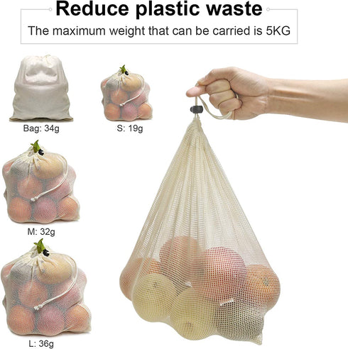Reusable Cotton Produce Bags-Durable Organic Cotton Mesh Produce Bags ECO-Friendly Grocery Bags with Tare weight 4 Sizes 12 Packs Lightweight Machine Washable Vegetable Bags with Organizing Drawstring
