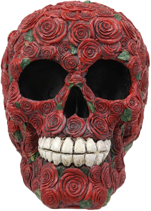 Ebros Valentine's Day of The Dead Red Floral Roses with Green Petals Skull Figurine DOD Rosa Sugar Skulls Statue As Cranium Skeleton Head Halloween Ossuary Macabre Altar Decor Collectible