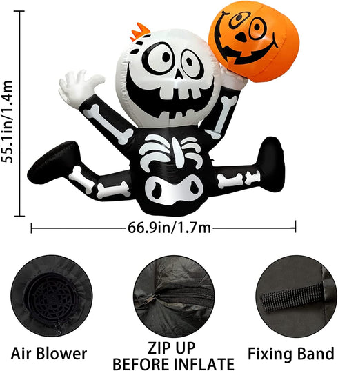 Halloween Inflatables 5 FT Cute Skeleton Holding up Pumpkin, Blow up Yard Decorations Clearance with bulit-in LED Lights, Outdoor Inflatable Halloween Decorations for Holiday Party Garden Lawn Decor