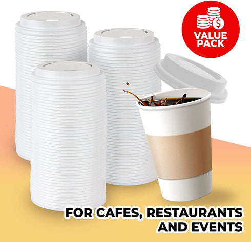 White Travel Plastic Dome Lids for Disposable Paper Hot Cups, Fits most 10-24 Ounce and 8 oz Squat Cups (100 Lids ONLY) - Recyclable, Easy-Flow Anti-Spill Design, For Home, Cafes, Office, Car, Travel