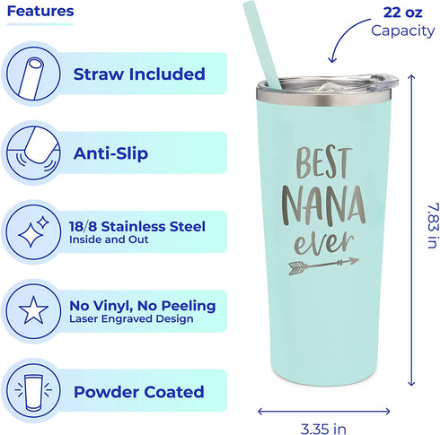 SassyCups Best Nana Ever Tumbler | 22 Ounce Engraved Mint Stainless Steel Insulated Travel Mug | Nana Tumbler | For Nana | World's Best Nana | New Nana | Nana Birthday | Nana To Be