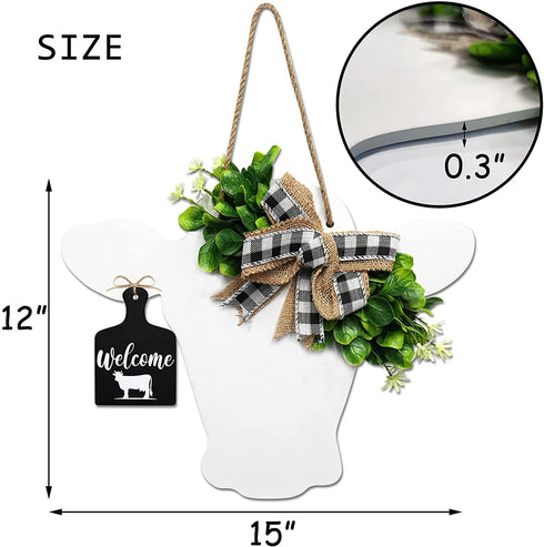 Welcome Farmhouse Cow Head Door Wreath Sign Rustic Wooden Calf Front Door Hanger Buffalo Plaid Burlap Bow And Artificial Leaves Home Restaurant Cafe Outdoor Indoor Decoration Gift Ideas 12"x 15"