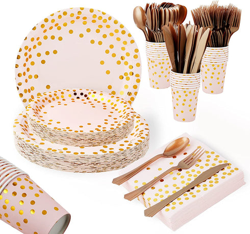 Party Supplies 175 Disposable Dinnerware Set Gold Dots on Pink Paper Plates Cups and Napkins, Gold Plastic Knives Spoons Forks for Baby Shower Wedding Party Bridal Shower