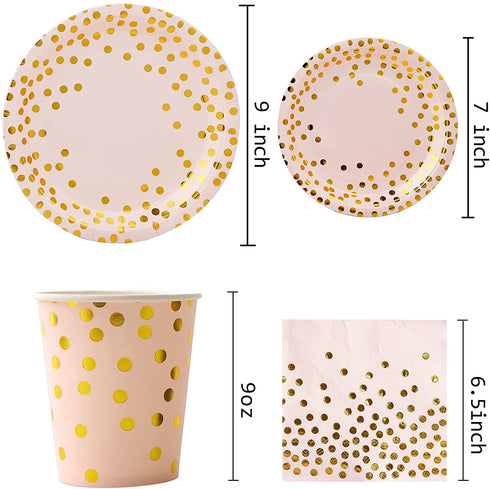 Party Supplies 175 Disposable Dinnerware Set Gold Dots on Pink Paper Plates Cups and Napkins, Gold Plastic Knives Spoons Forks for Baby Shower Wedding Party Bridal Shower