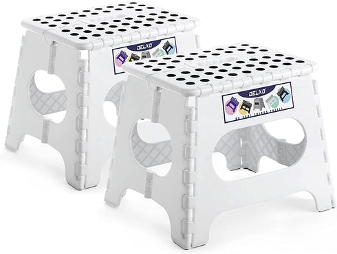 Delxo 11" Folding Step Stool for Kids and Adults,2Packs Non-Slip Foldable Step Stools with Handle,Plastic Portable Folding Stool for Bathroom,Bedroom,Kitchen,Hold up to 300lbs White