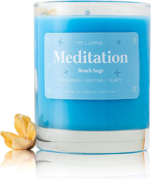 My Lumina Meditation Aromatherapy Candle w/ Clear Quartz Crystal Inside, Beach Sage Relaxing Calming Positive Peace Energy, Soy Wax Blue Scented Candle for Home,Bath,Bathroom,Yoga,Self Care,Gift,Women