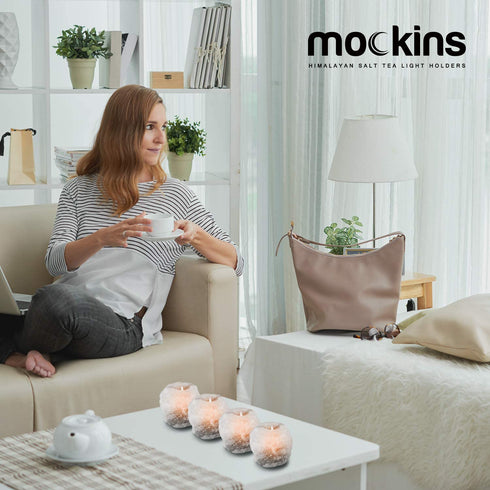 Mockins 2.5 lbs 4 Pack Natural White Himalayan Salt Tea Light Candles Holder | Great Room Decor