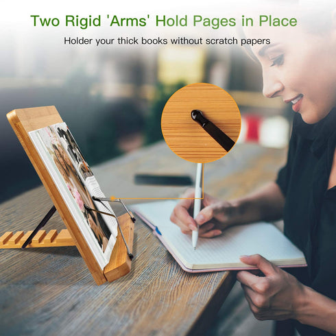 Bamboo Book Stand, Large Cookbook Holder Reading Book Holder with 5 Adjustable Height, Foldable Wooden Cooking Bookstand for Textbook, Receipe, Music Books, Tablet, Ipad by Pipishell (13.4" x 9.5")