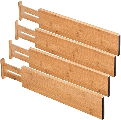4 Pack Bamboo Drawer Divider - Expandable Drawer Organizers (12.8"-17") Spring Adjustable Kitchen Drawer Separators - Best for Kitchen, Dresser, Bedroom, Desk