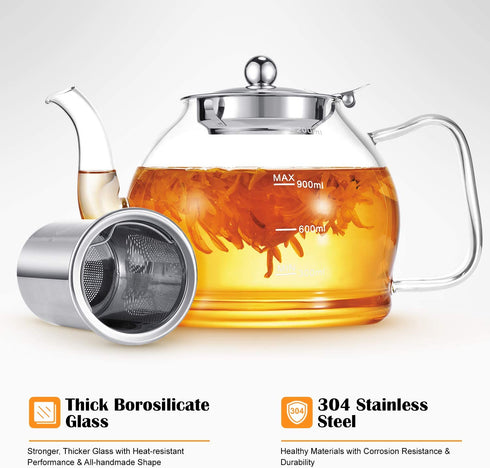 STNTUS Glass Teapot, 40 oz. / 1200 ml Teapot, Glass Tea Pot for Loose Tea, Glass Teapot with Infusers for Loose Tea, Tea Pot for Stove, Teapot with Stainless Steel Strainer, Teapot for 4-6 Cups