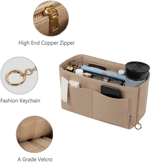 Purse Organizer Insert, Felt Purse Organizer with Zipper and Sewn Bottom Insert, Fit Speedy Neverfull Gracefull, Tote, Handbag, 5 Sizes (X-Large, Beige)